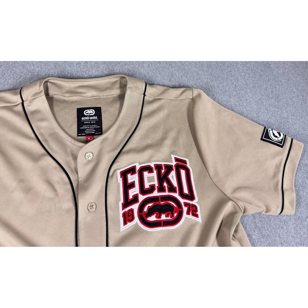 Ecko‎ Unltd Jersey Baseball Vintage Mens Tan RED Black Logo Short Sleeve XL Y2K - Picture 2 of 6